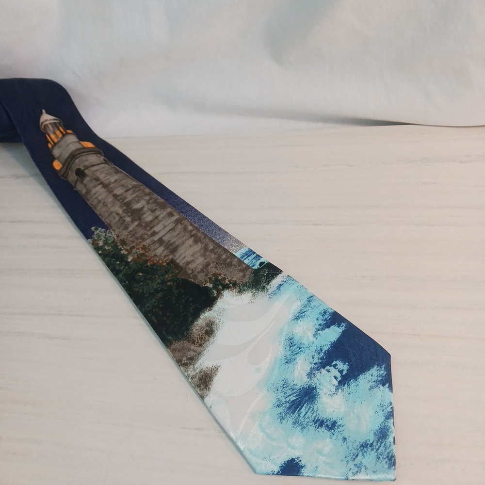 Night Lighthouse Men's Necktie Blue Nautical Sea Ocean Tie
